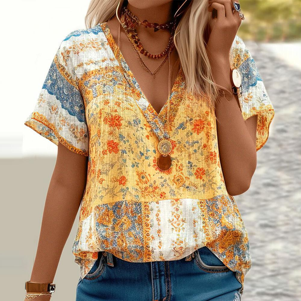 V-Neck Yellow Mixed Print Short Sleeve Top