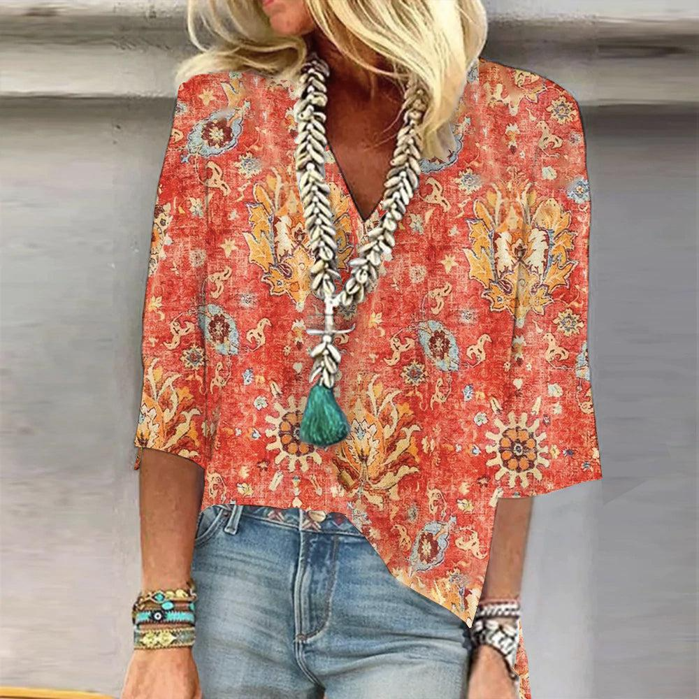 Showy Orange Print 3/4 Sleeve Top