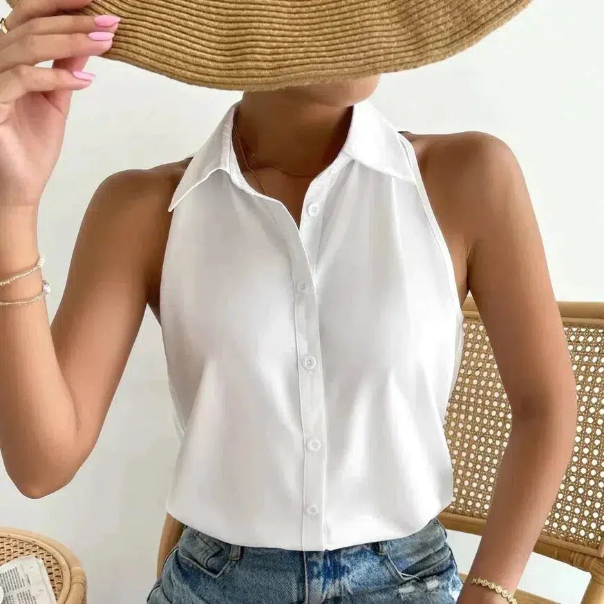 White Fold-Over Collar Sleeveless Button Front Blouse