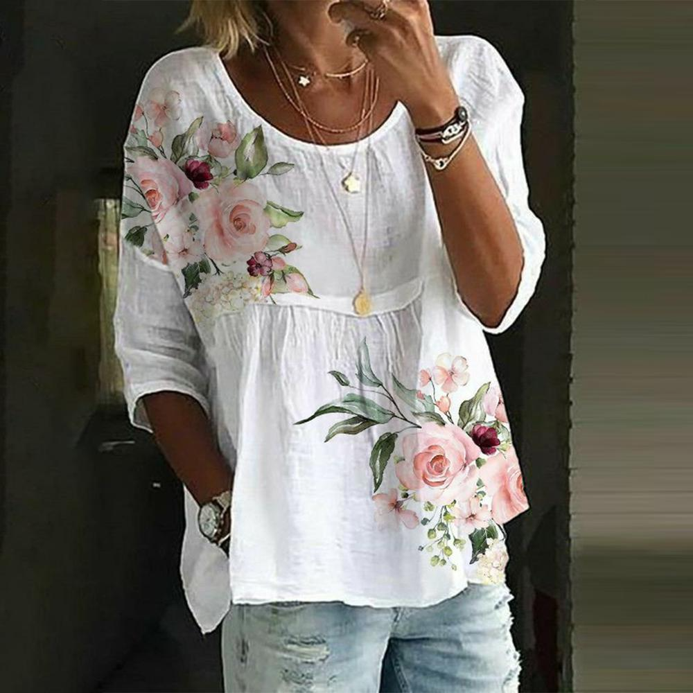 Pink Green Flower Print White Tunic Top