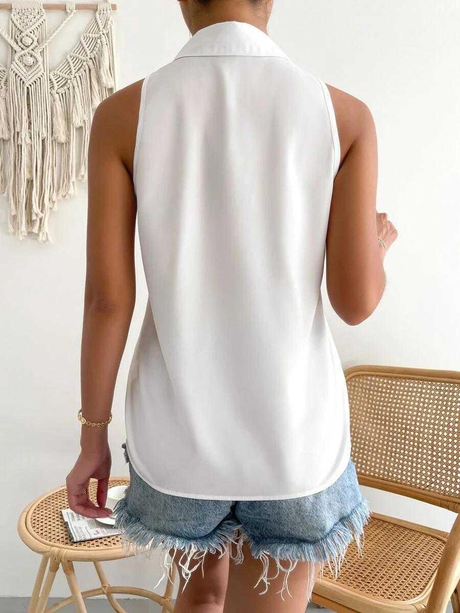 White Fold-Over Collar Sleeveless Button Front Blouse