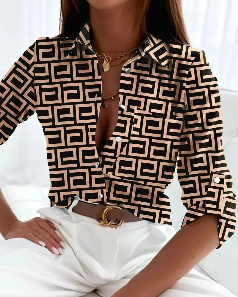 Greek Key Black & Tan Long Sleeve Blouse Top