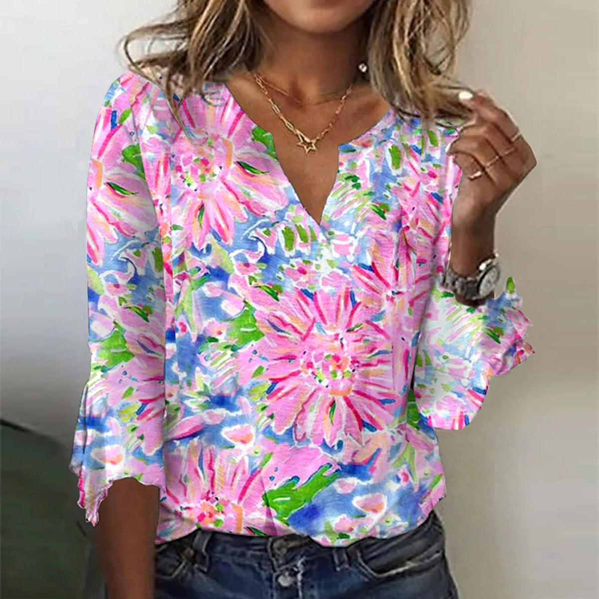 Romantic Floral Print 3/4 Sleeve Top