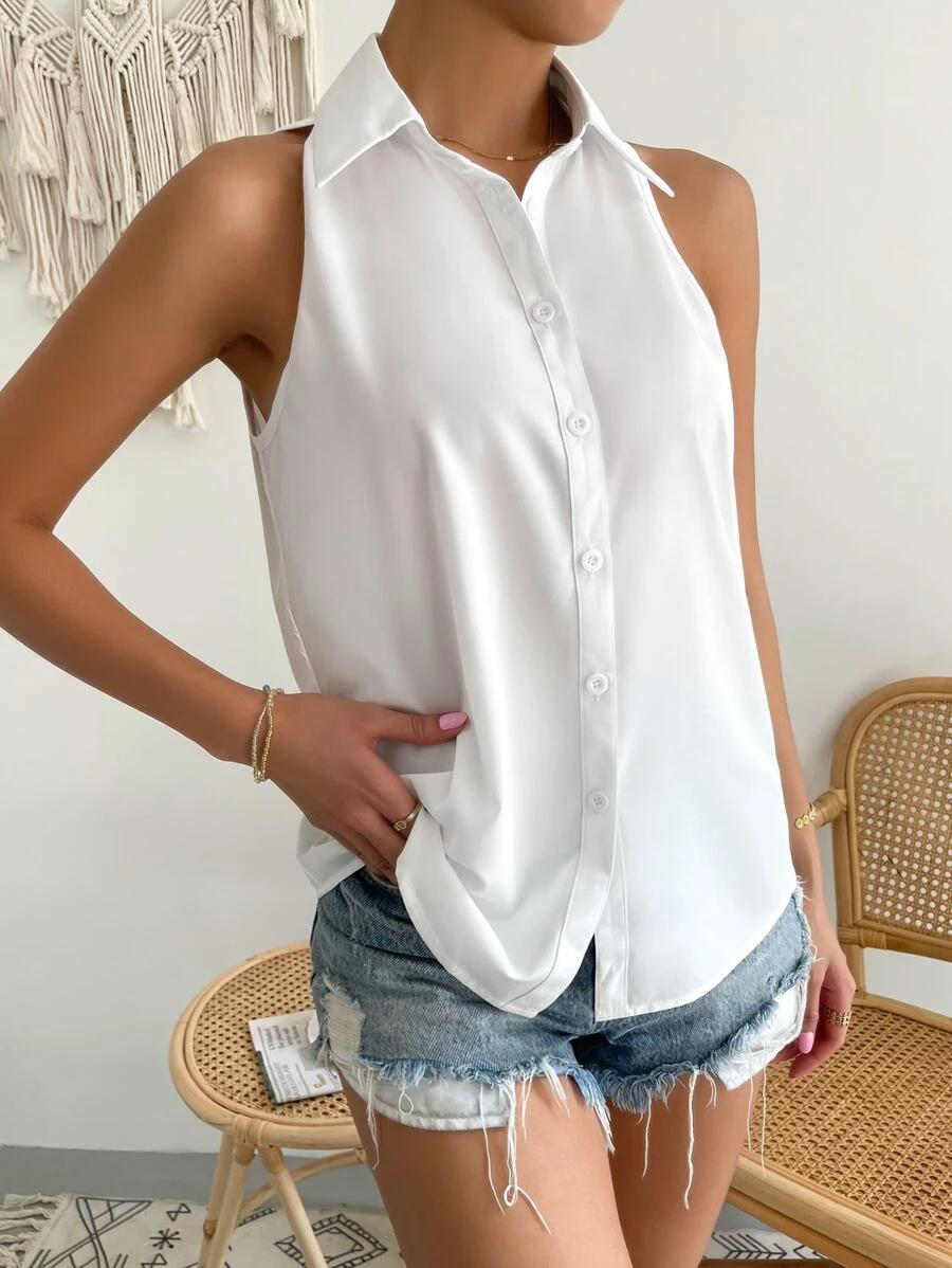 White Fold-Over Collar Sleeveless Button Front Blouse