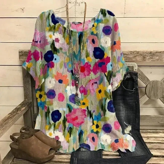 Elegant Watercolor Floral Print Half Sleeve Top