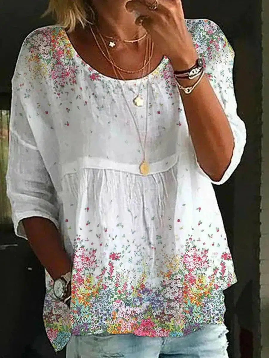 Romantic White Floral Print Top