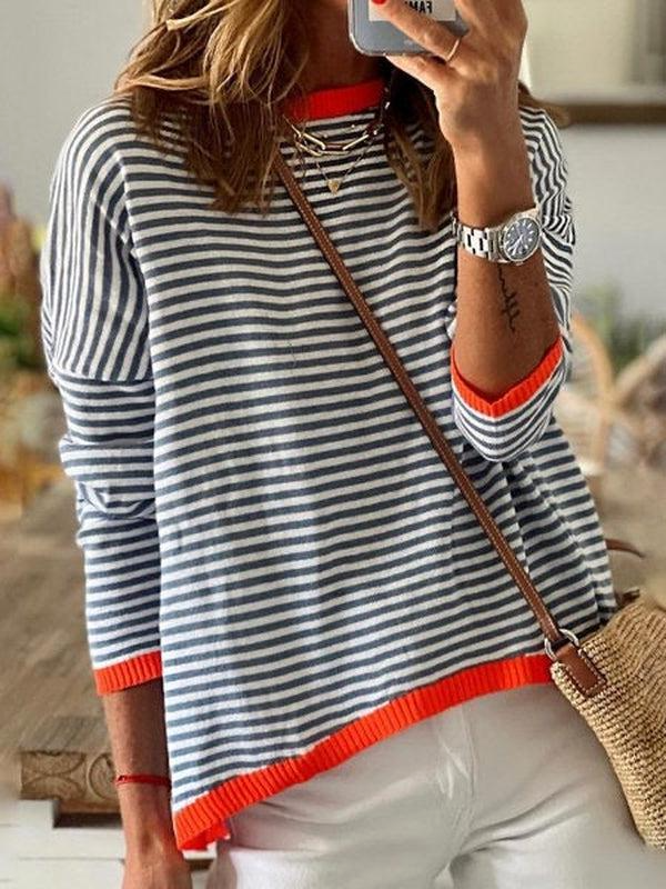 Orange Trim Navy and White Stripe Long Sleeve Top