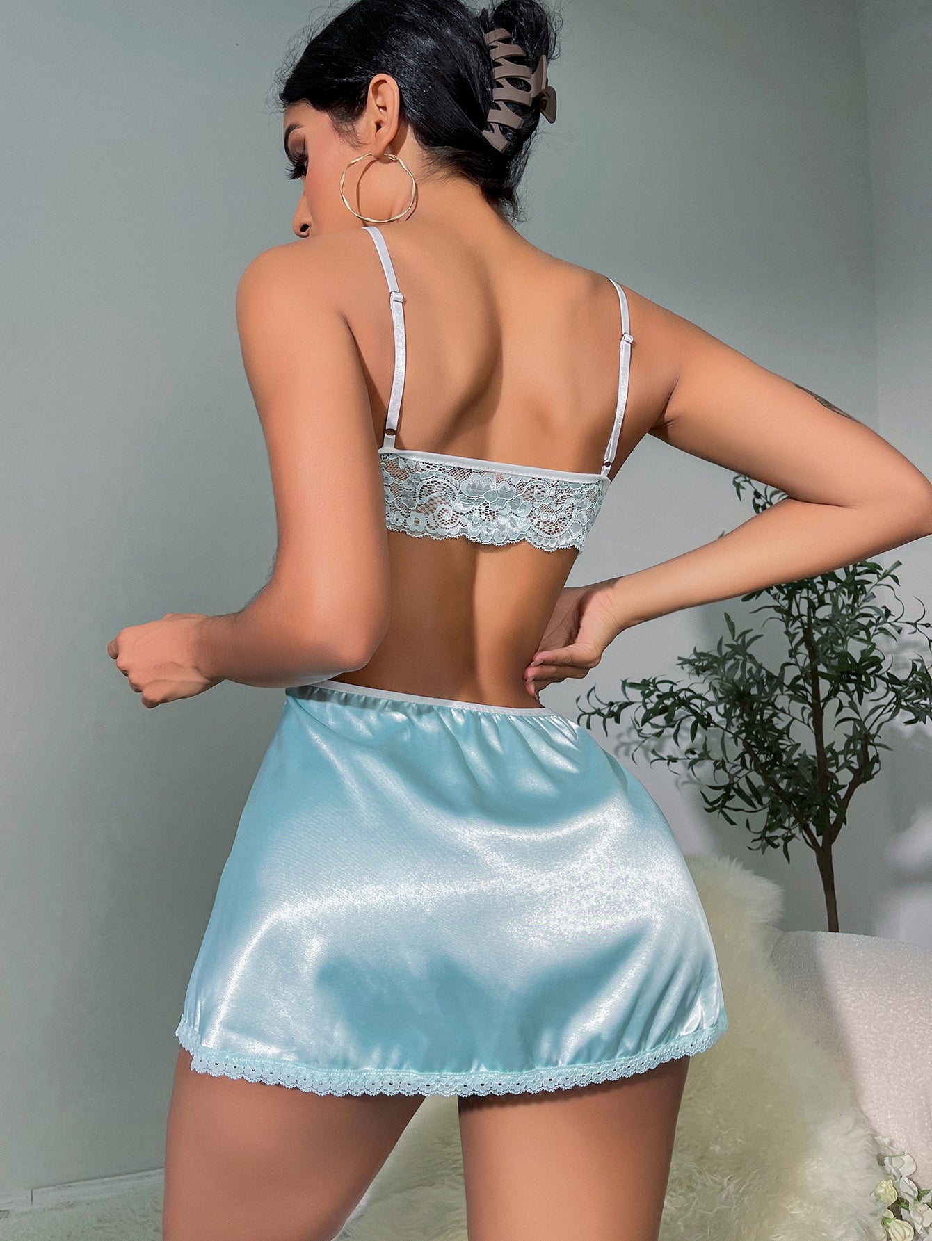 Romantic light blue cutout satin dress