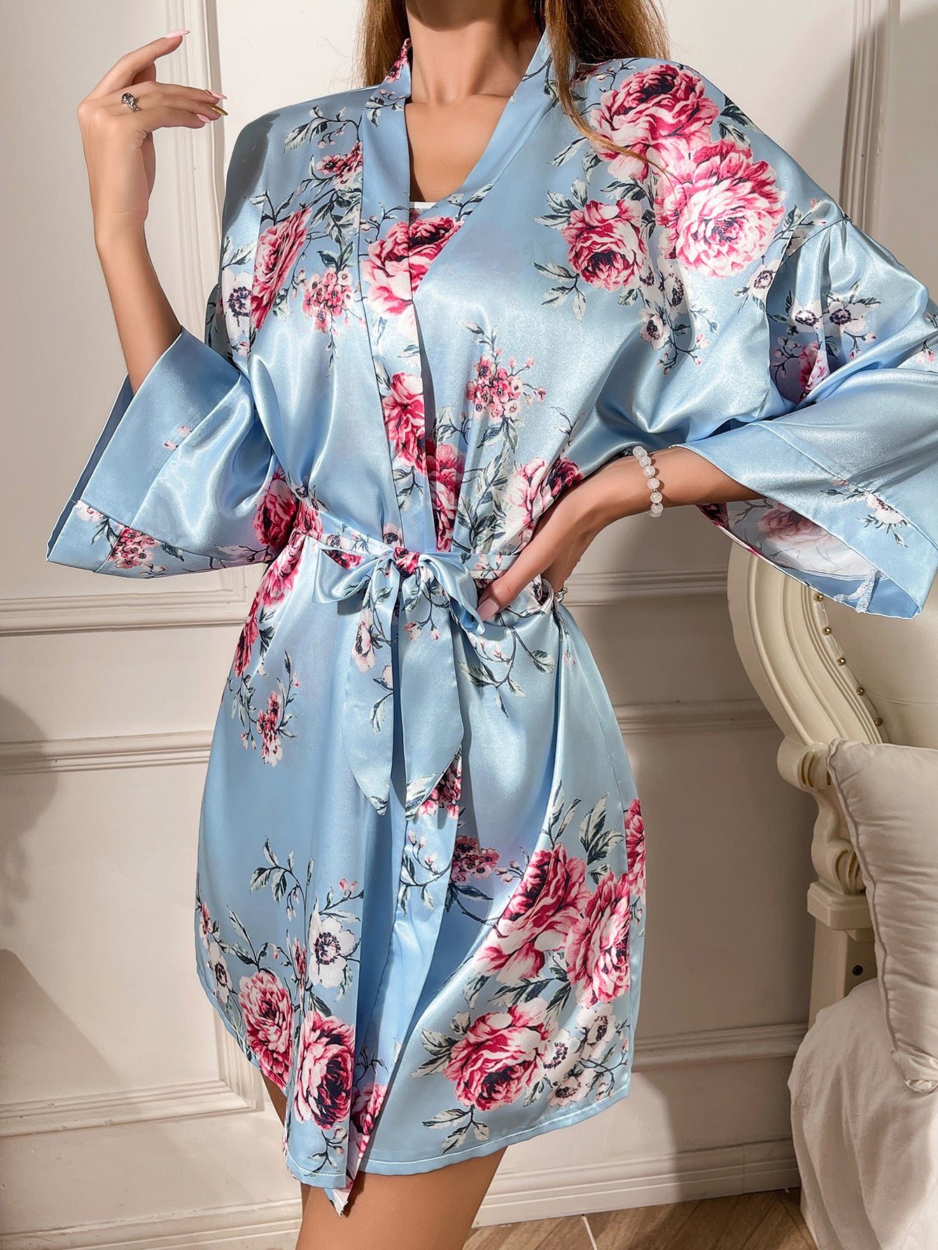 Elegance Floral Satin Top & Shorts Pajama Set with Robe