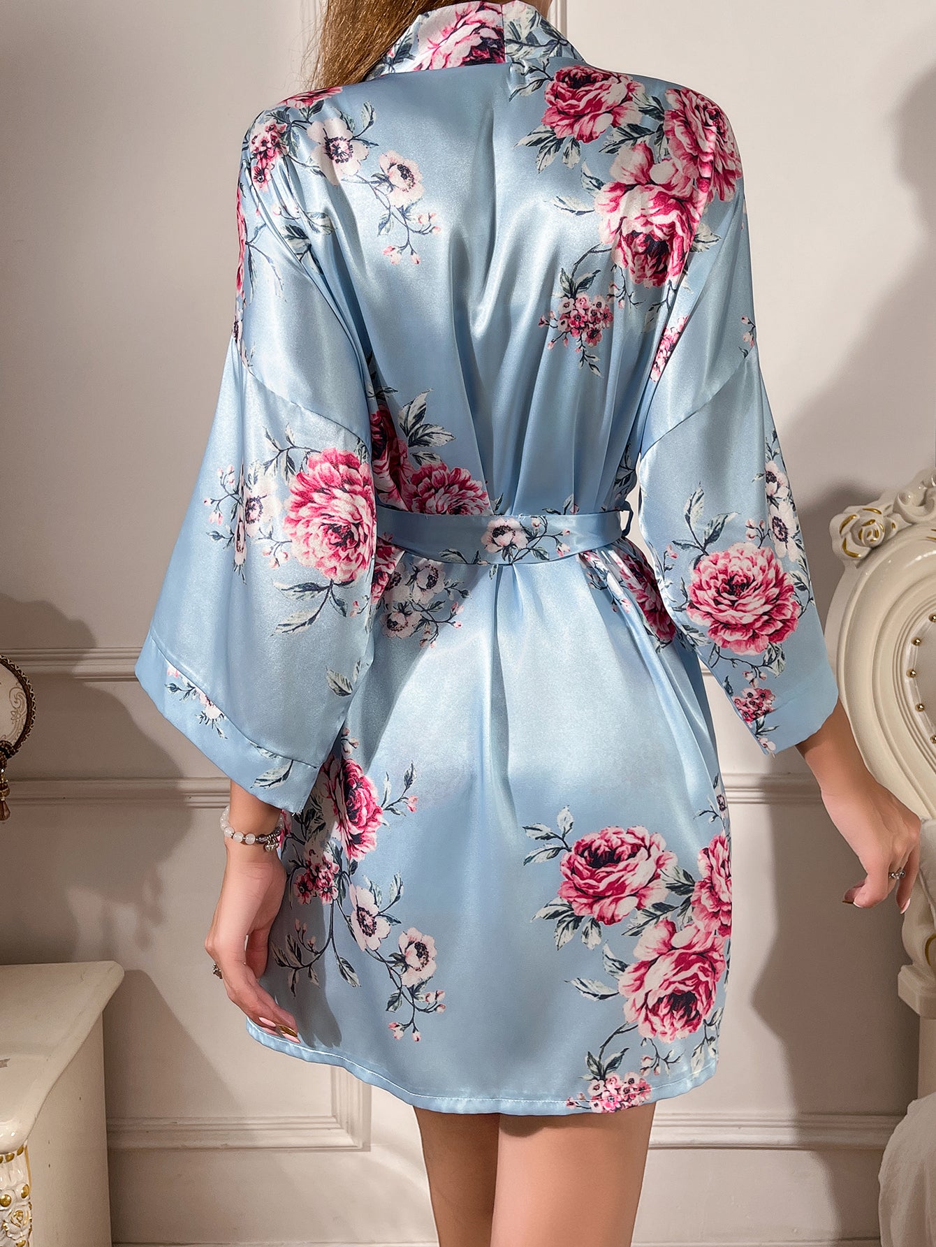 Elegance Floral Satin Top & Shorts Pajama Set with Robe