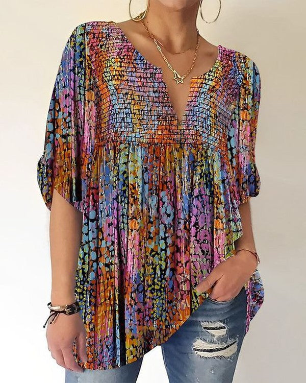 Modern V-Neck Multi-color Half Sleeve Top